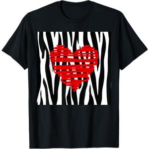 Black and White Zebra Stripes with Red Heart T-Shirt, Size 2XL