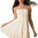 ForeMode Summer Deep V Neck Bohemian Women Mini Short Dress Backless Beach Boho Dress (Yellow, XL)