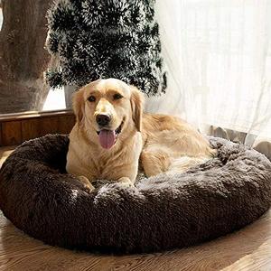 MFOX Calming Dog Bed (L/XL/XXL/XXXL) for Medium and Large Dogs Comfortable Pet Bed Faux Fur Donut Cuddler Up to 15/30/50/100lbs (32.0"L x 23.0"W x 8.0"Th, Brown)