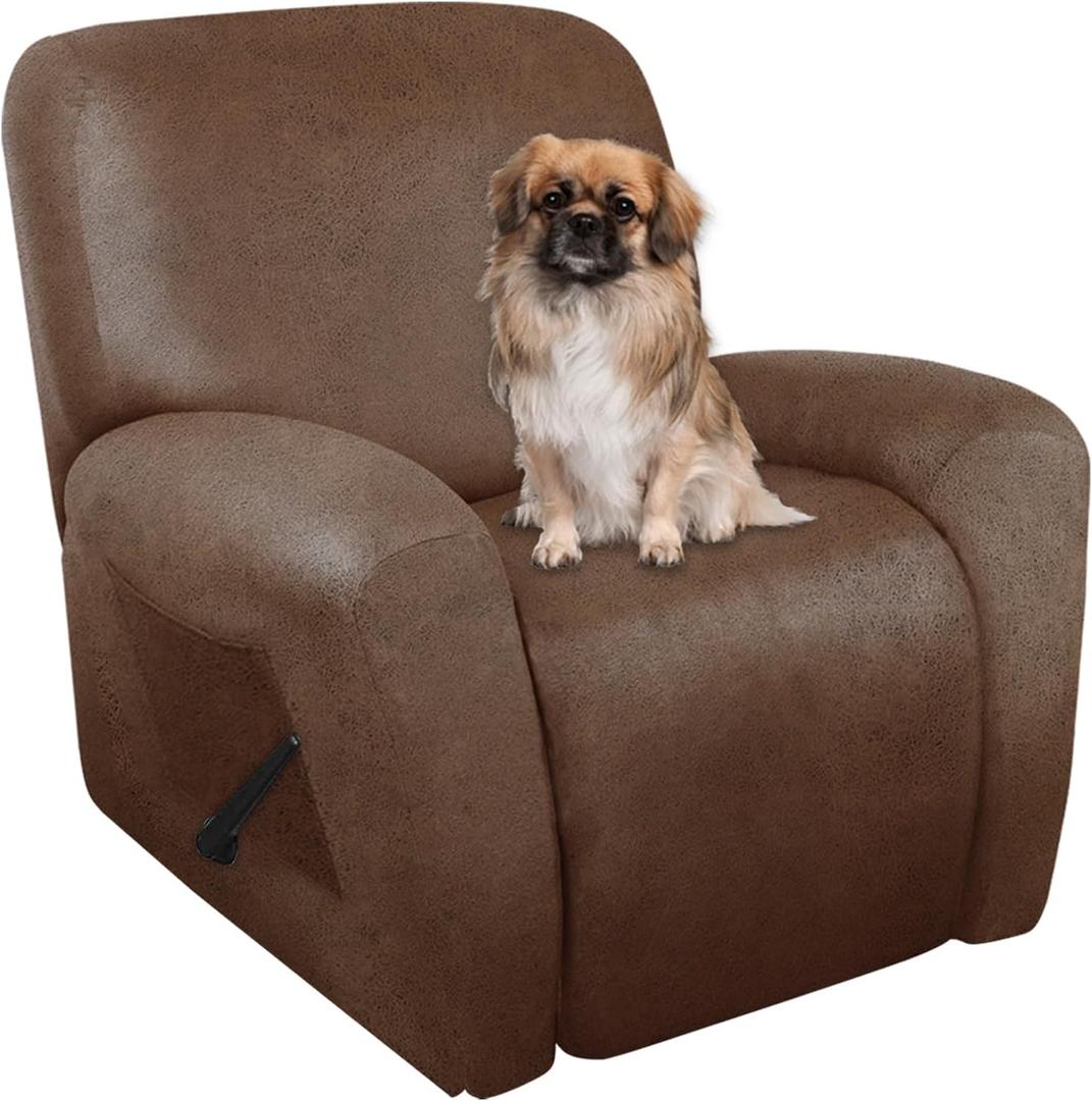 Recliner Chair Covers Leather Like, 4 Pieces Lazy Boy Recliner Cover, Furniture Protector - Washable Soft Sofa Slipcover for Pets Kids (Brown) (1 Seater)