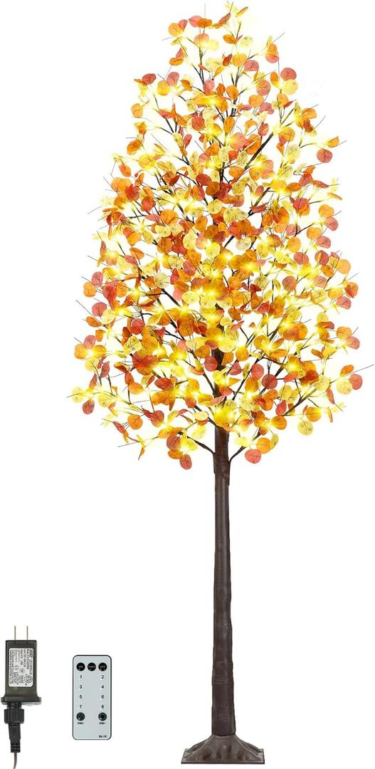 Fall Lighted Eucalyptus Tree - 8FT Light Up Eucalyptus Fall Tree with 210 LED Lights, 630 Leaves, Thanksgiving Decor Artificial Tree with Remote 8 Flashing Modes, Timing, for Home Harvest Decoration