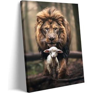 Framed Lion and Lamb Canvas Wall art Christian Jesus Lion King Poster Print God Religious Artwork Church Wall Decor Pictures for Living Room Bedroom Decoration