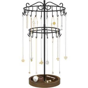 iDavosic.ly 2 Tier Rotating Necklace Holder Organizer with Wooden Jewelry Tray, Adjustable Metal Bracelet Display Stand with 42 Hooks, Extra Tall Keychain Spinning Tree Tower for Women, Black