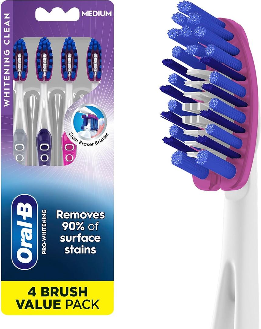 Oral-B 3D White Deep Stain Remover toothbrushes, 4 Count Toothbrush Medium, Removes 90% of Surface Stains, whitens Teeth, deep Reach, removes Plaque and Stains Tooth Brush (Multicolor)