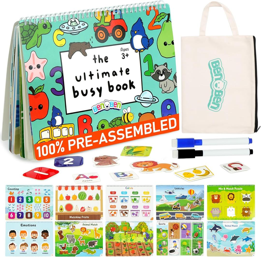 BenBen Busy Book for Toddlers, 30 Pages, Pre-Assembled, Preschool Learning Activities, Montessori Toys for Ages 3 and Up, Autism Sensory Toys, Kids Educational Activity Book, Birthday Gift