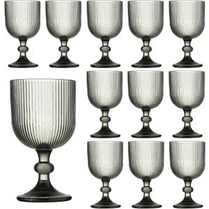 12 Pcs Vintage Wine Glasses, 11 Ounces Colored Glass Water Goblets, Unique Embossed Pattern High Clear Stemmed Glassware Wedding Party Bar Glass Drinking Cups Fancy Glasses Vertical Line Grey Set, Set of 12