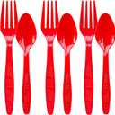 Plastic Forks and Spoons Heavy Duty, Red Disposable Plastic Silverware Set for Party Supplies 96PCS