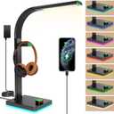 LED Desk Lamp with Eye-Caring Light, USB Ports, 7 Color Modes, Flexible Gooseneck & Headphone Stand for Home Office, Bedroom, and Study (Black Green)