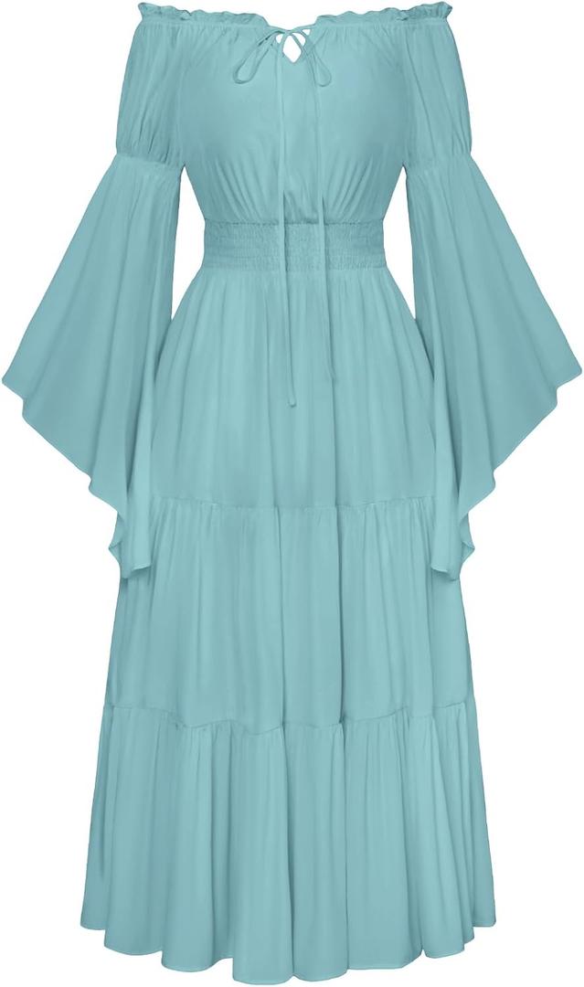 Scarlet Darkness Renaissance Costume Women Off Shoulder Bell Sleeve Tiered Maxi Dress (Small, Light Blue)