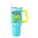 Silver Buffalo Disney Pixar Monsters Inc. Double Walled Stainless Steel Tumbler with Handle Featuring Mike Wazowski, Fits in Standard Cup Holder, 40 Ounces