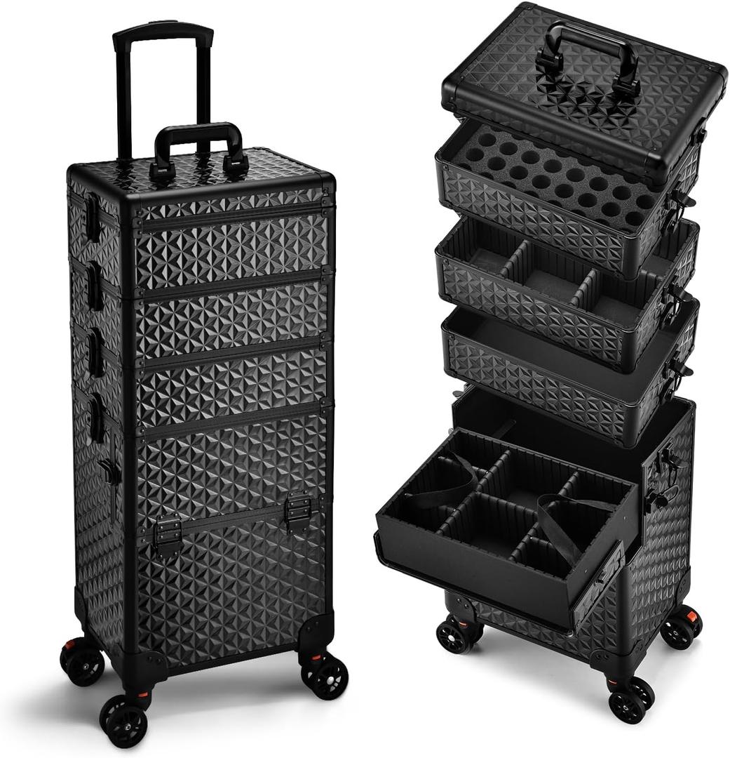 Yueieoun 5 in 1 Makeup Train Case, Cosmetology Case on Wheels Travel Make up Case Rolling Nail Cart Makeup Organizer Cosmetic Storage Box Cases Extra Large Trolley Truck with 360 Swivel Wheels, Black (EXP 09/17/26)