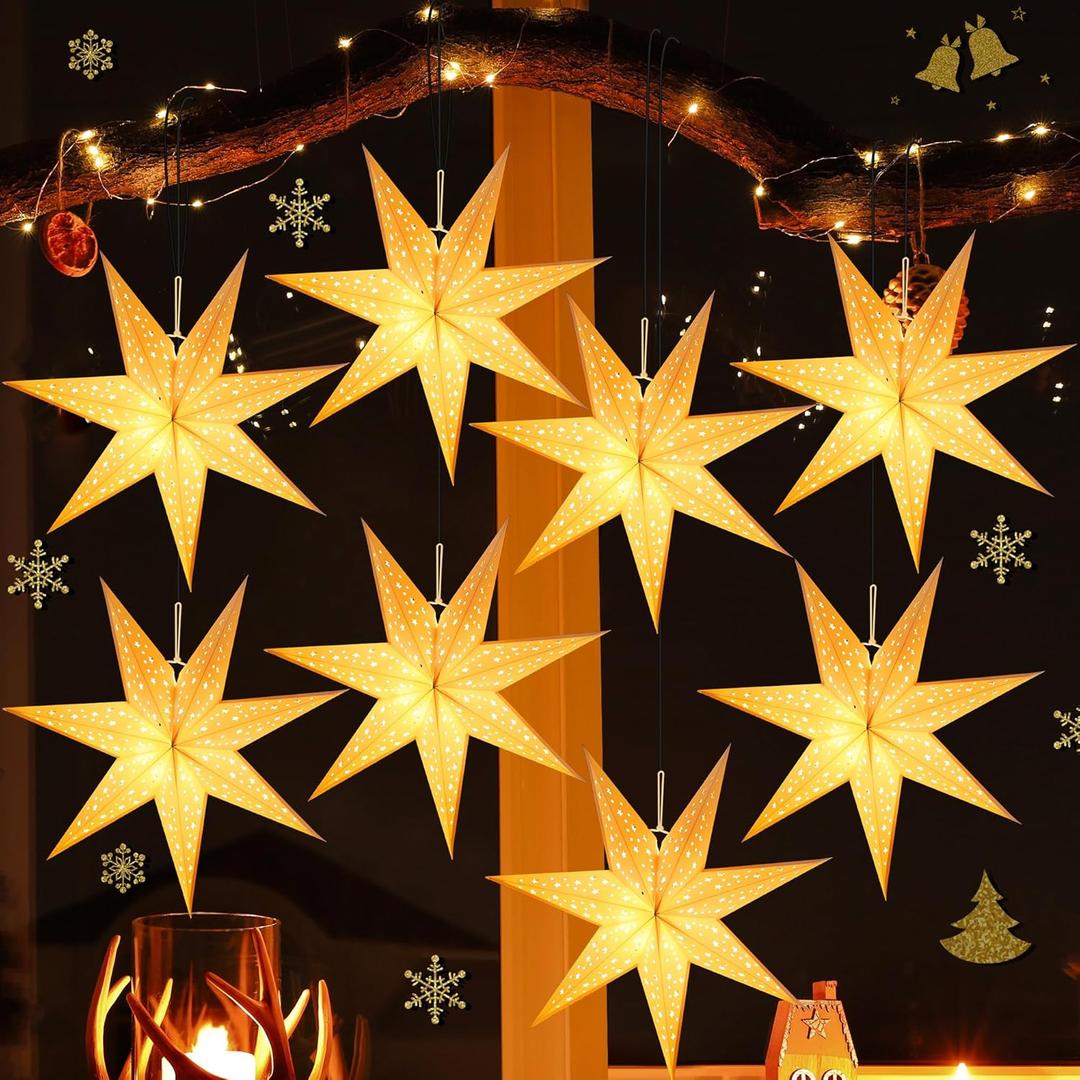 Enhon 8 Pack 20 Inch Paper Star Lanterns, Star Paper Light Christmas Decor, 7 Points Warm White LED Light with Plug, Collapsible Hanging Decor for Christmas Window Wall Room Yard