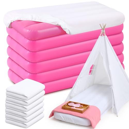Windyun 6 Sets Kids Air Mattress Bulk with Fitted Sheet, Toddler Inflatable Bed 63 x 27 x 8 Inches Blow up Airbed Camping Sleeping Pad for Aged 3-10 Birthdays Slumber Sleepover Party (White)