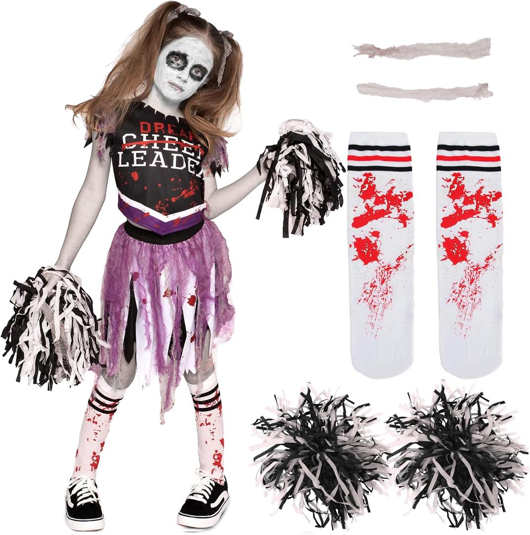Spooktacular Creations Zombie Halloween Cheerleader Costume, Girls Scary Cheerless Costume, Kids Dead Cheerleading Outfit for Halloween Role Play Themed Parties, Purple Black, S (M)