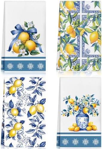 FuWeave 4 Pcs Blue and Yellow Lemon Kitchen Towels Set 16 x 24 Inch, Capri Lemon Party Decorations, Italian Summer Party Decorations for Lemonade Theme Bridal Shower Supplies, Italy Amalfi Gifts