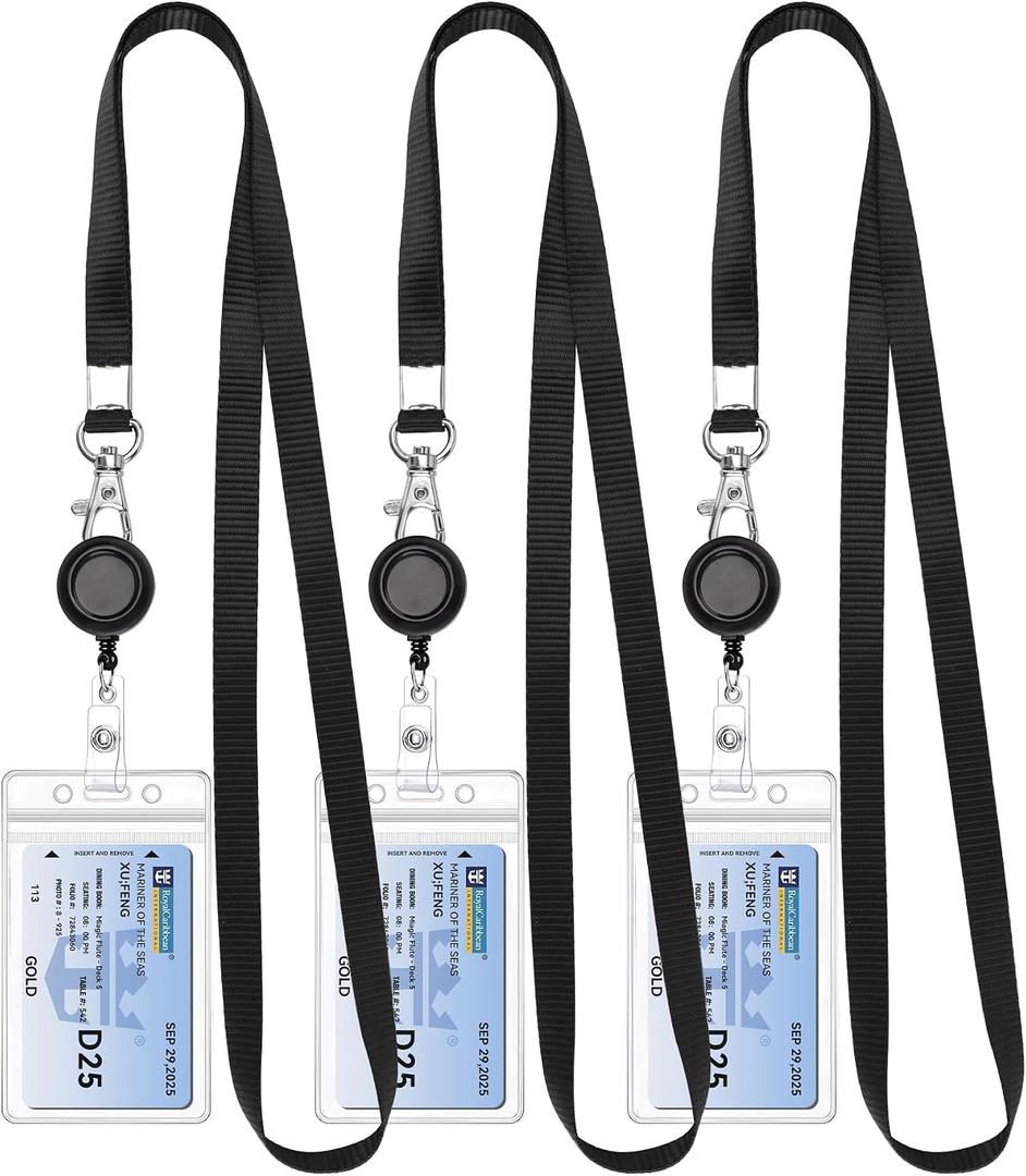 Teskyer 3 Pack Retractable Lanyards for ID Badges, Thick Clear Plastic ID Badge Holder with Lanyard and Badge Reel Clip for Name Work Cards, Cruise Ship Cards - Black
