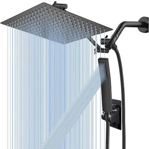 All Metal 12'' Rain/Rainfall Shower Head with Handheld Spray Combo, High Pressure Square Shower Head with 13'' Extension Arm, Dual Black Shower Heads with 78'' Hose, Waterfall Showerhead, BELLEARLY