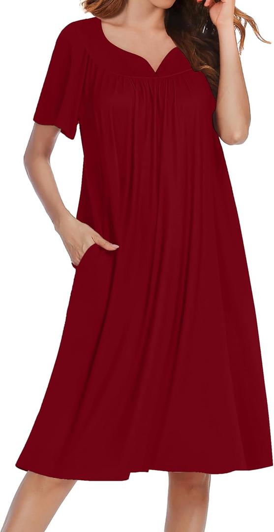Ekouaer Nightgowns for Women Short Sleeve House Dress with Pockets Soft Moomoo Pleated Mumu Dresses V Neck Sleepwear (Medium, Red)