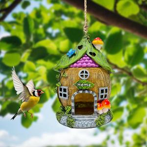 Hanging Fairy Bird Houses for Outside with Solar Light, Hand-Painted Acorn Home Statue Solid Made for Wild Birds, Finch, Cardinal, and Bluebird Gifts for Garden Yard Patio