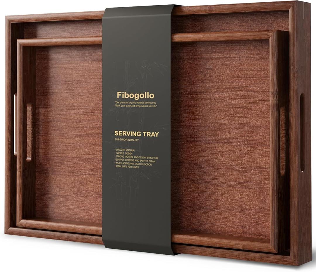 Fibogollo Bamboo Set of 2 Serving Tray with Handles,Decorative Trays Platter,Breakfast Tray in Bed,Food Drinks Tray for Eating,Working,Storing(Brown)L-43x30 S-38.25