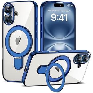 ETPESOK Compatible with iPhone 16 Case with Invisible Magnetic Ring Stand [Compatible with Mag-Safe] [Full Camera Lens Protector] Plating Clear Phone Case for iPhone 16 6.1", Blue