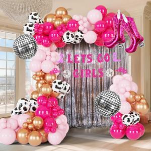 Pink & Rose Gold Cow Print Balloon Arch, Disco Boot Foil Balloons, 111Pcs Cowgirl Bachelorette Party Decorations Kit - 'Lets Go Girls' Banner - Perfect for Last Rodeo, Western, & Bachelorette Parties