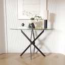 Oval Console Table Modern Narrow Sofa Table with Tempered Glass Top and Black Metal Legs for Home Office