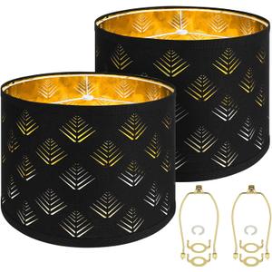 Lamp Shades Set of 2, Drum Lampshades with Leaf Design, 13" Top x 13" Bottom x 10" High (Spider) Modern Linen Lamp Shades for Table Lamp & Bedside Lamp, Assembly Required Black Lampshades Replacement