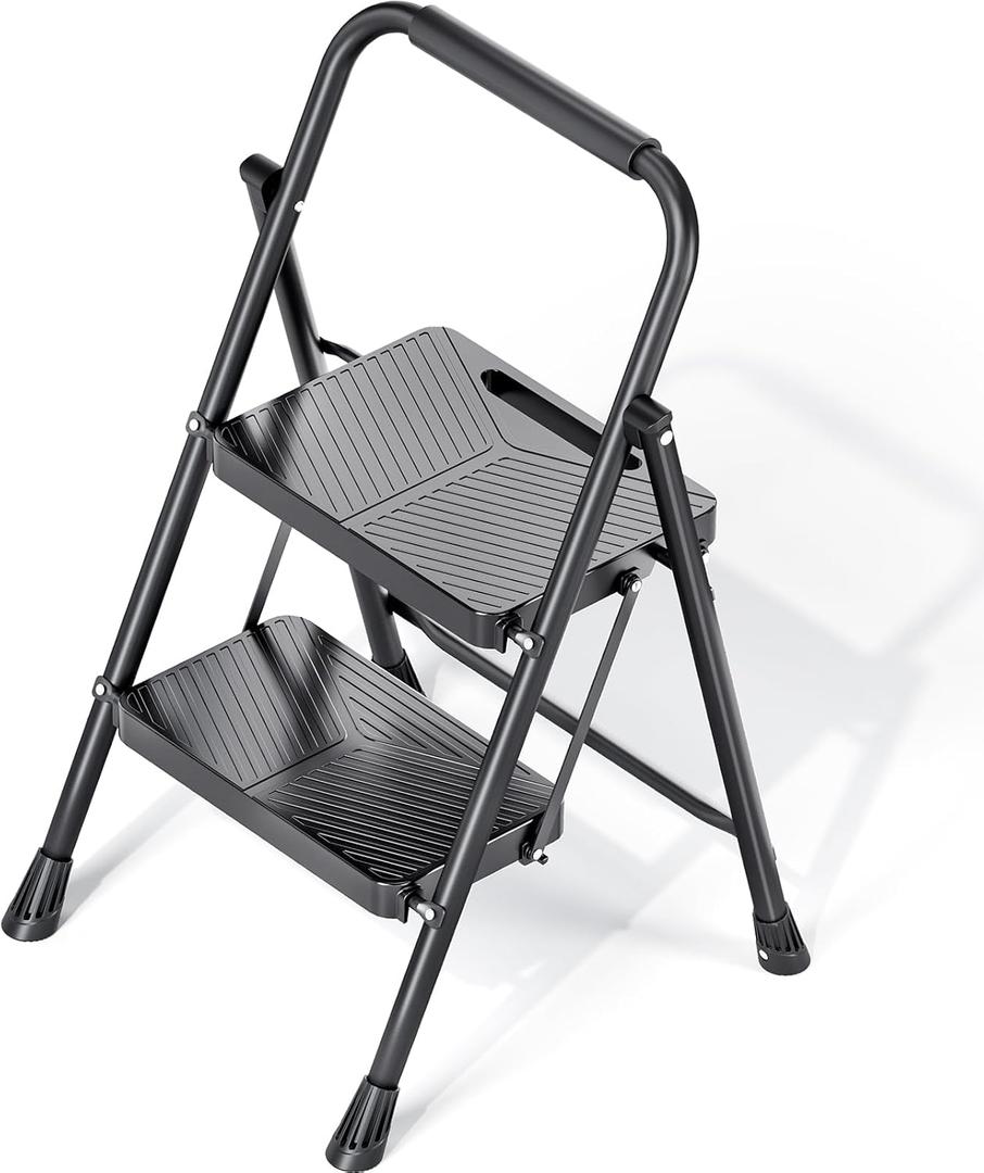 KINGRACK Folding 2 Step Ladder, Portable Ladder for Multi-Purpose, Home, Kitchen, Heavy Sturdy Steel Step Stool with Anti-Slip Wide Pedals, Handrail, Safe-Lock Design, Pass 500lbs Load Testing, Black