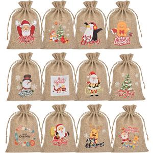 Christmas Small Burlap Bags with Drawstring, Burlap Gift Bags Christmas Linen Treat Sacks Gift Wrapping Bags Xmas Holiday Party Favors Bags(7x5 inch, 24 Pcs)