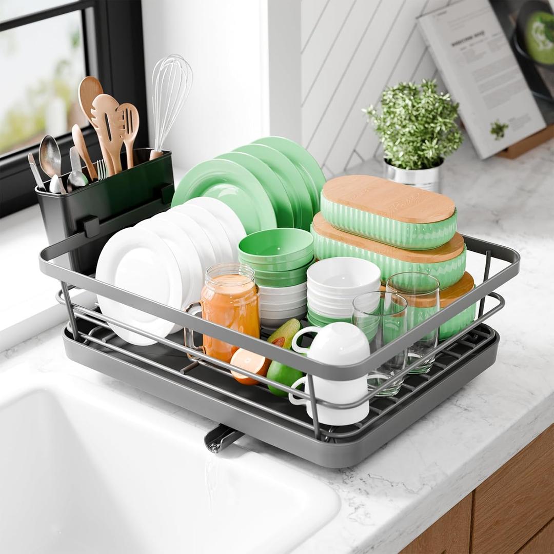 Kitsure Dish Drying Rack - Compact Dish Rack with Utensil Holder & Adjustable Water Outlet, Rust-Proof & Scratch-Resistant Drying Rack for Kitchen, 15.5" x 12.0" x 5.0", Grey