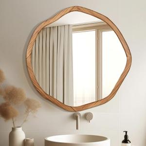 ULIKE Round Wood Mirror, 24 Inch Irregular Circle Vanity Wall Mirror with Wooden Frame, Rustic Decorative Wall Mount for Bathroom Bedroom Living Room Entryway, Rustic Brown