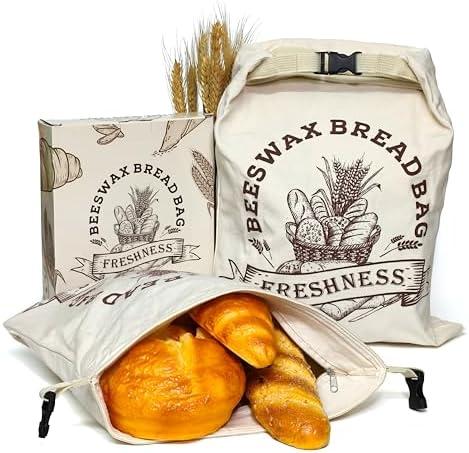 2 Pack Reusable Beeswax Bread Bags for Sourdough & Homemade Bread - XL Organic Cotton with Zipper & Snap Closure Freezer-Friendly Freshness Preservation