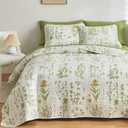 Joyreap 3 Pieces Reversible Quilt Set, Smooth Soft Microfiber Quilt, Yellow Flowers Green Leaves Botanical Design, Bedspread Bed Cover for All Season, 1 Quilt n 2 Pillow Shams (Full/Queen, 90x90)