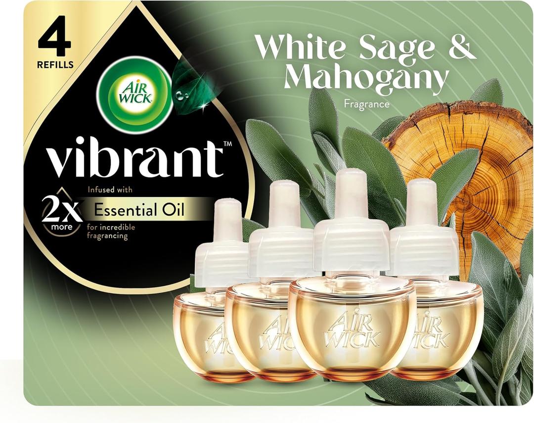 Air Wick Vibrant Plug In Scented Oil Refill, Infused with Essential Oils, Plug In Air Fresheners for Home, White Sage & Mahogany, 4 ct