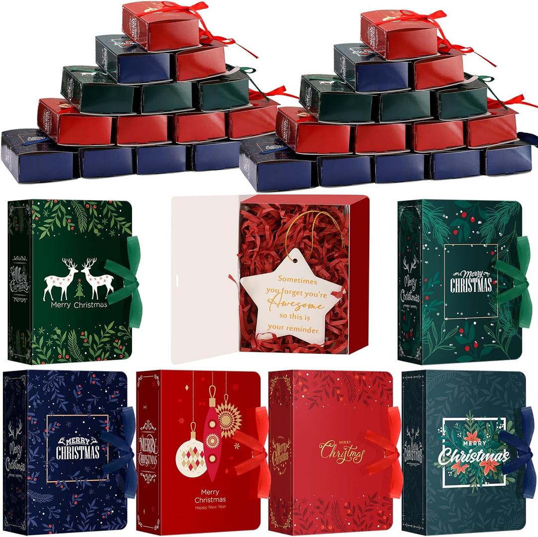Cholemy 36 Pcs Christmas Gift Card Boxes Holder with Ribbon Paper Book Shaped Card Holders Merry Christmas Wrapping Boxes for Book Lover Candy Gift Elk Berry Sign Party Favors