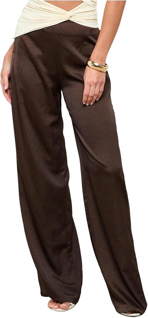 WDIRARA Women's Satin Pants Elastic Waist Wide Leg Pants Loose Trousers (Brown, L)