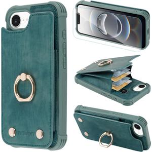 Wallet Case Compatible for iPhone 16E 6.1 inch with Credit Card Holder,Shockproof Protective Phone Cover Supports 360Rotation Ring Stand and RFID Blocking,Blue Green