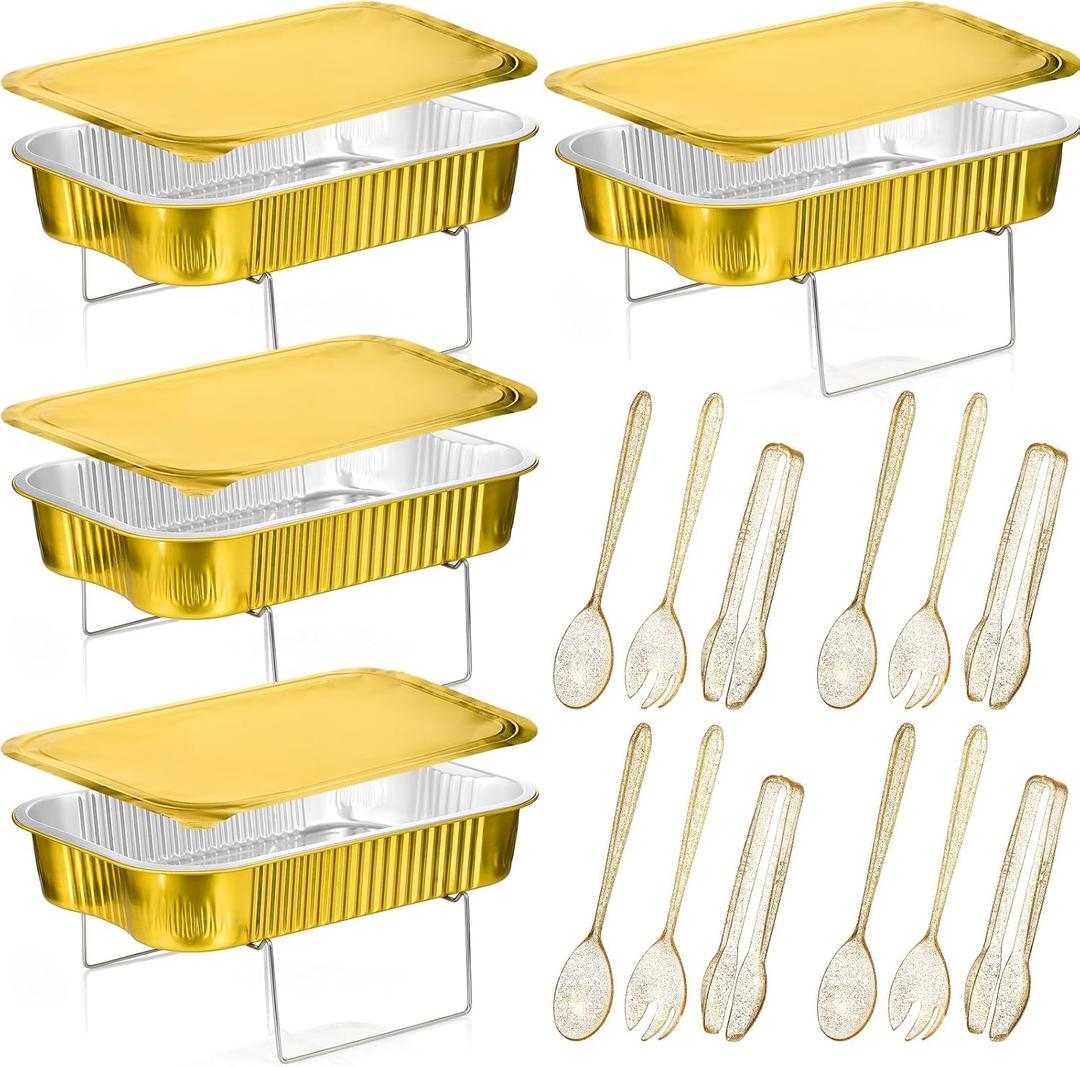 Maxcheck 4 Sets Disposable Chafing Dishes Buffet Set Chafer Wire Racks Buffet Stand Kit Dish Serving Trays Food Warmer Catering Supplies Included Serving Utensils and Stand (Large)