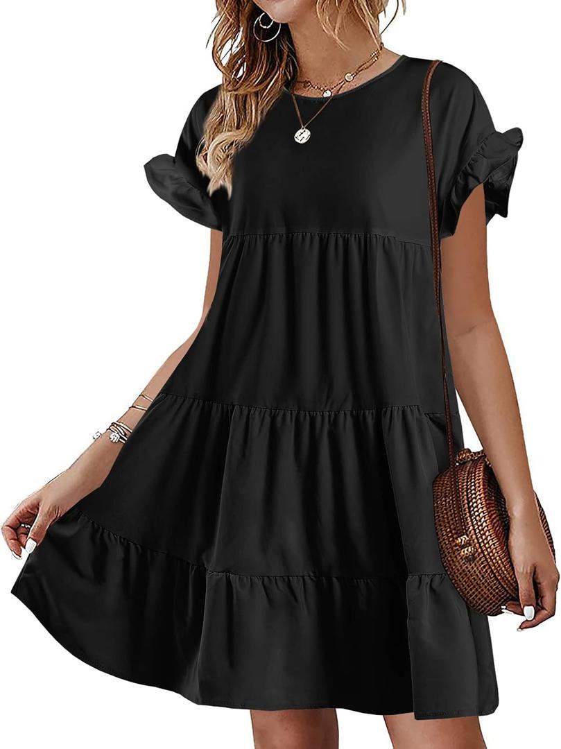 Chuanqi Womens Ruffles Boho Floral Printed Babydoll Loose Swing Casual Short Mini T-Shirt Dress (Large, Black)