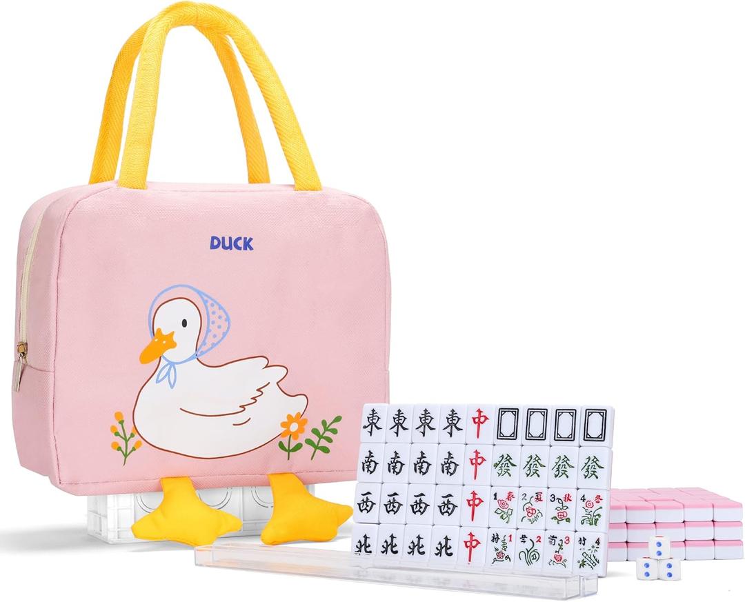 drizzle Pink 24mm Travel Mahjong Game Set Mini Duck - 0.9" Portable 144 Tiles - 4Pcs Racks Melamine Material Mah-Jong Family Leisure Time 2.76 Pounds -