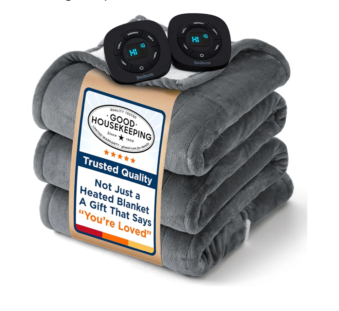 Bedsure Electric Blanket Queen Size - Dual Control Heated Blanket Queen, GentleSoft Fast Heating with 10 Time Settings & 10 Heat Settings, Warm Gift for Grandma (84x90 inches, Grey)