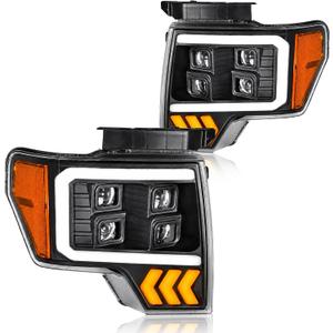 for 2009-2014 Ford F150 Headlights w/LED DRL Projector High Low Beam Left & Passenger Side Replacement Black Housing Amber Reflector