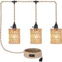 Retisee 3 Lights Hanging Light with Plug in Cord Pendant Lamp 22 ft Hemp Rope Boho Rattan Lamp On/off Switch Farmhouse Hanging Bohemian Decor for Bedroom Living Room Kitchen Hallway Foyer