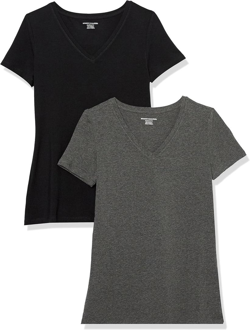 Amazon Essentials Women's Regular-Fit Short-Sleeve Crewneck T-Shirt (Medium, Black/Charcoal Heather)