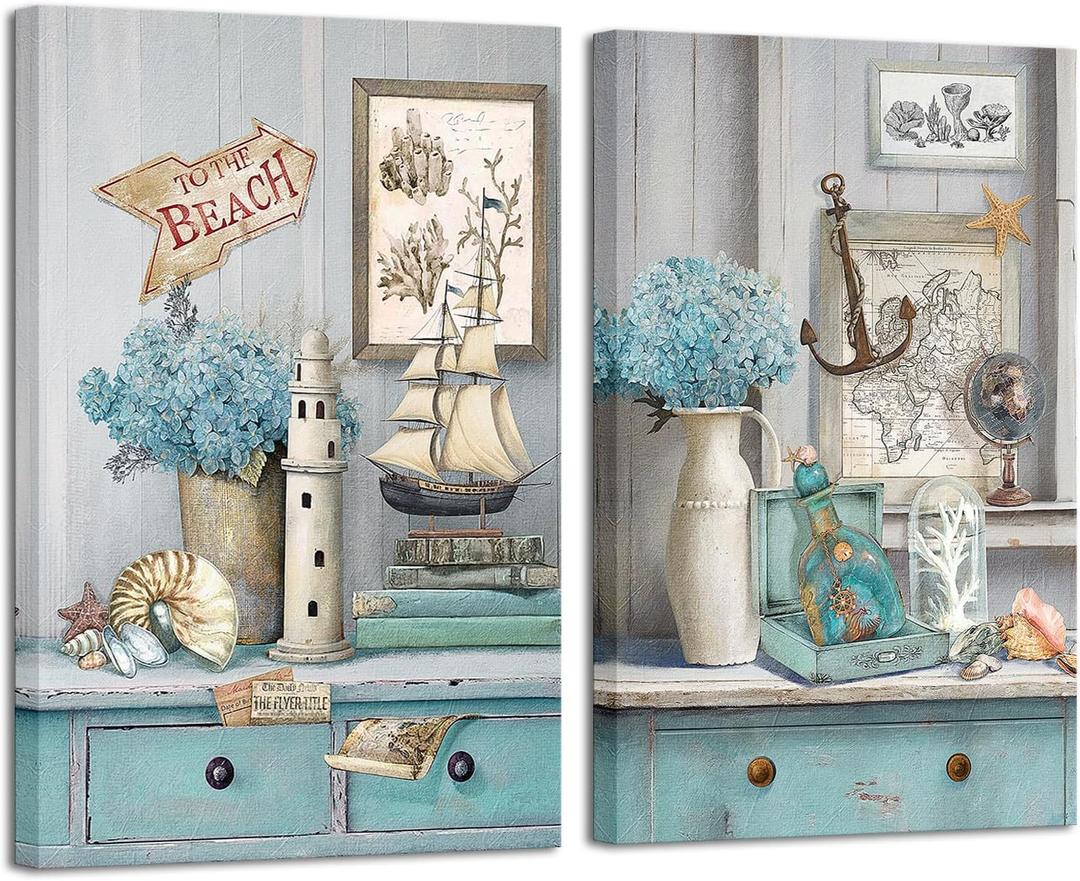 iHAPPYWALL 2 Pieces Nautical Beach Canvas Wall Art Rustic Lighthouse Sailboat Coastal Still Life Teal and Grey Picture for Bedroom Office Home Decor Ready to Hang 16x24inchx2pcs (Teal)