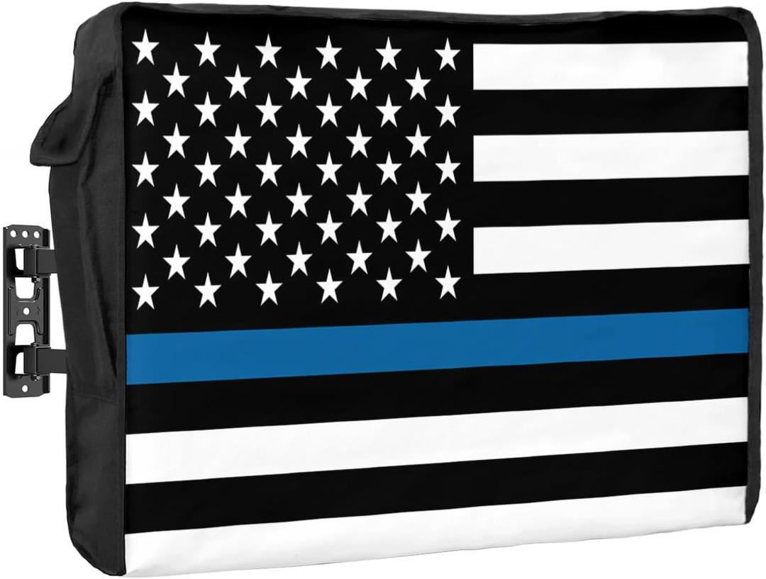 American Police Flag Outdoor TV Cover 40 to 43 Inches Weatherproof & Waterproof, Blue White Outdoor TV Enclosure with Remote Control Pocket, Law Enforcement Officers TV Screen Protector for Outside TV