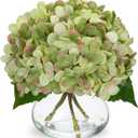 Hollyone Hydrangea Artificial Flowers with Glass Vase Dark Green Silk Faux Flowers Arrangements In Vase with Faux Water Fake Floral Bulk Bouquet for Home Decor Table Centerpiece Decorations