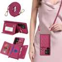 for Galaxy S25 Ultra Case with Card Holder and Strap for Women,Crossbody Lanyard, Make Up Mirror,Ring Stand,Snap Clasp,Cute Phone Wallet Cases 6.9 inch - Rose red