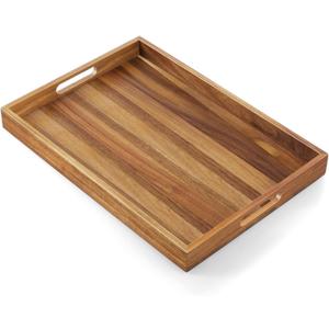 17 Inch Acacia Wood Serving Tray with Handles - Large Wooden Tray for Ottoman, Breakfast in Bed, Dinner, Coffee Table - Decorative Rectangular Tray for Living Room Bedroom Entryway and Kitchen